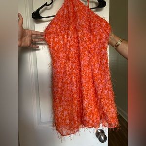 Fuzzy groovy flower print high neck tie neck mini short fun dress size s